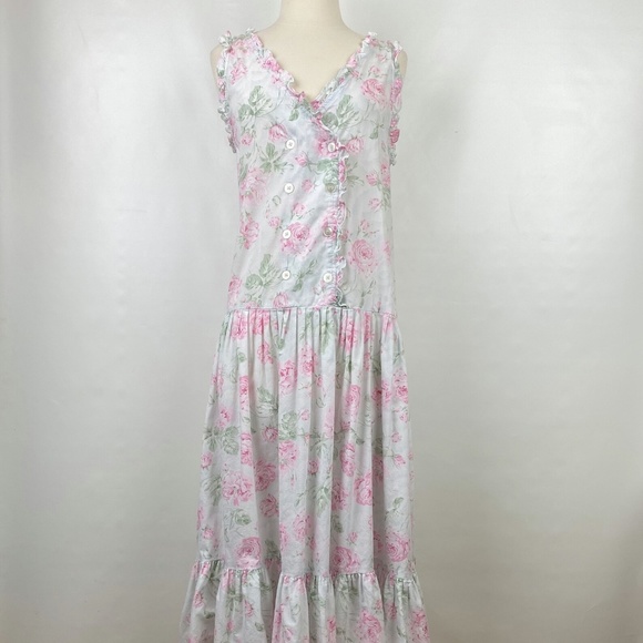 Vintage Victoria Secret Dress Medium Cotton Gold Label Pink Roses Midi Boho - Picture 1 of 8
